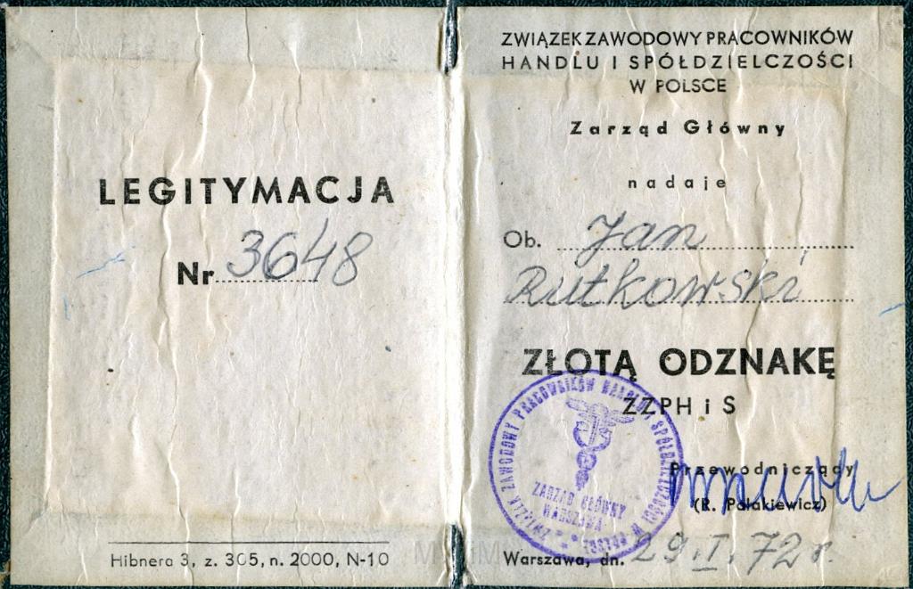 KKE 3261-2.jpg - Legitymacja ZZP Handlu i Spółdzielczości, "złota odznaka", Warszawa 1972 r.